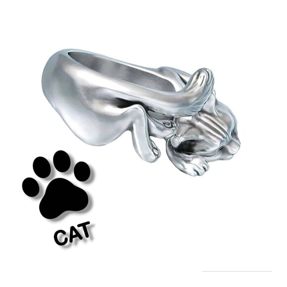 Silver 925 Retro Cat Original Opening Ring Adjustable Knuckle Women Kitty 6-7 - Picture 10 of 12